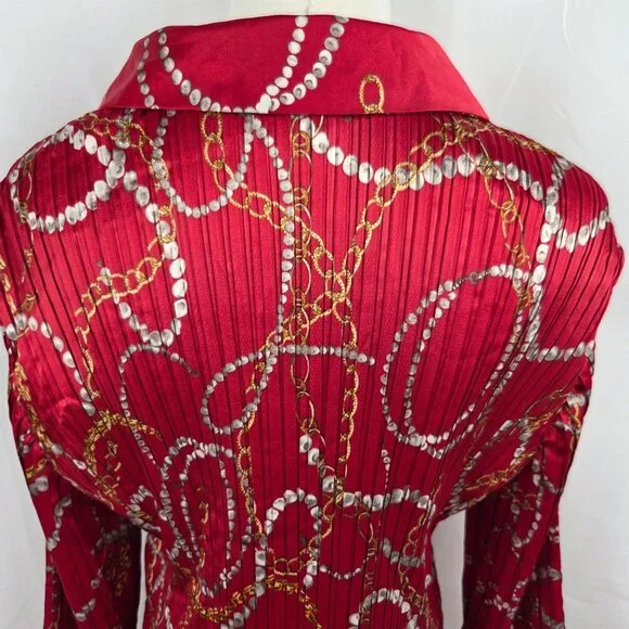 Jaclyn Smith Equestrian Chain Print Button-Up Blouse XL Long Sleeve Pleated Red - Picture 5 of 11